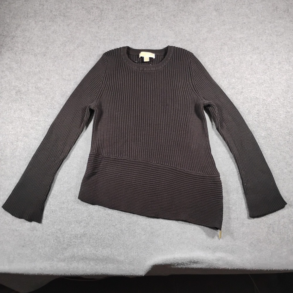 Michael Kors Women Black Asymmetric Ribbed Knit Side Zip Pullover Sweater Size M